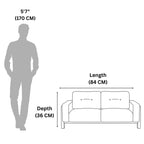 Sofa dimensions shown with a person for scale on a white background