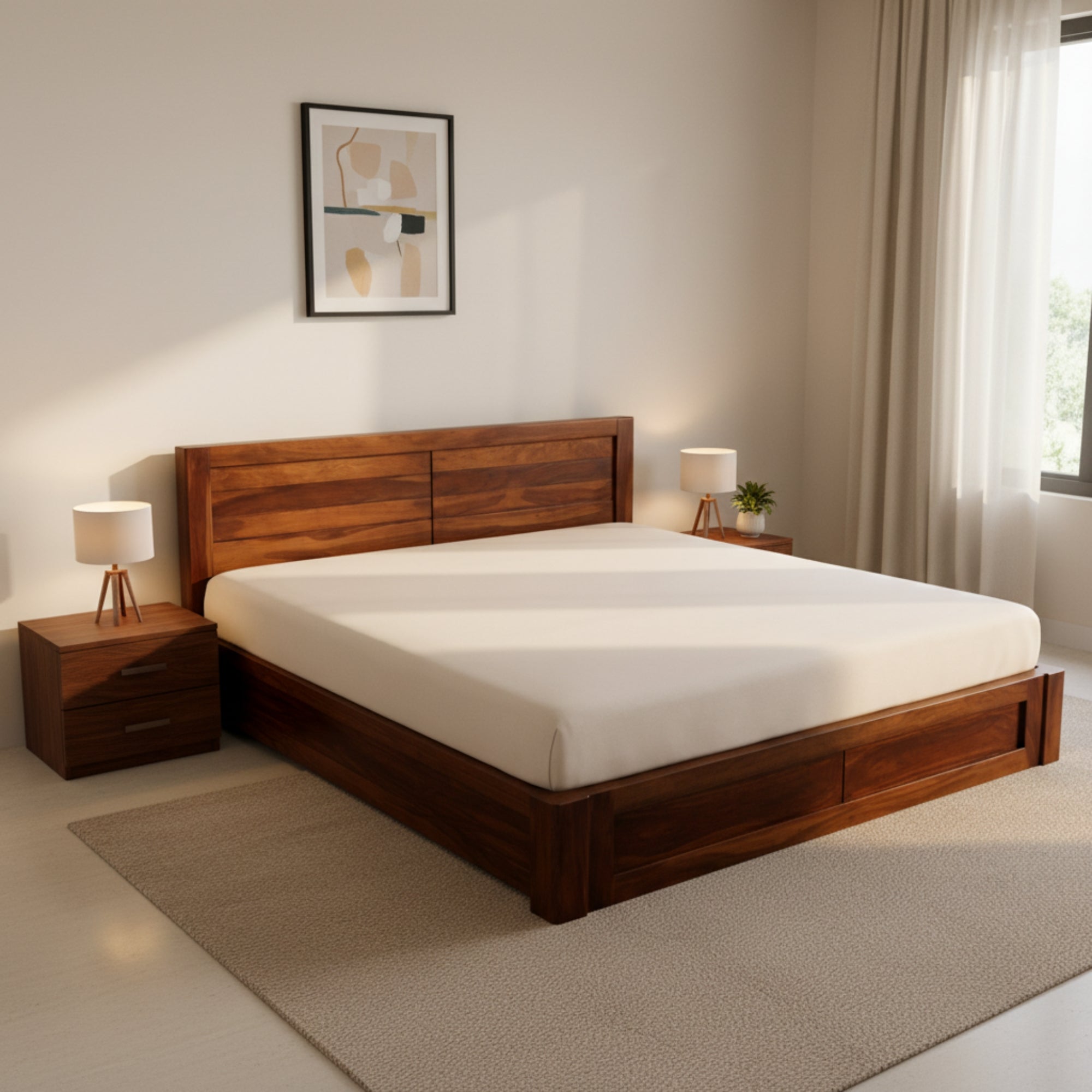 Almorah King Bed With Pullout Storage- Natural wood warmth meets modern design