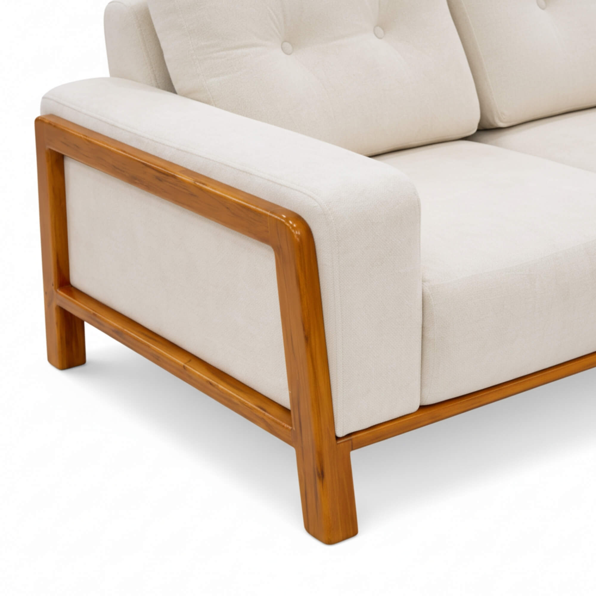 Beige sofa with wooden frame on a white background