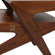 Rocket Coffee Table’s smooth finish of the Z-shaped leg support and a small metallic branding emblem embedded in the wood are showcased.