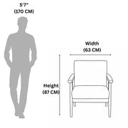 Measurement chart showing a person and chair with dimensions labeled.