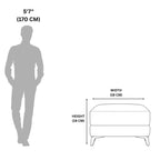Measurement chart showing a person's silhouette and dimensions of a small ottoman.