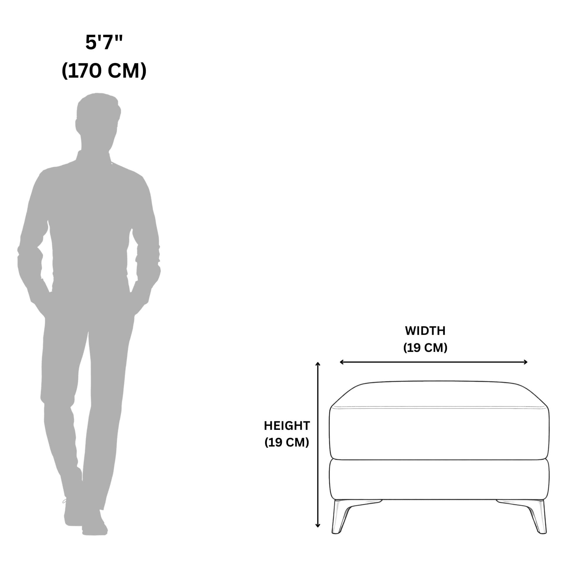 Measurement chart showing a person's silhouette and dimensions of a small ottoman.