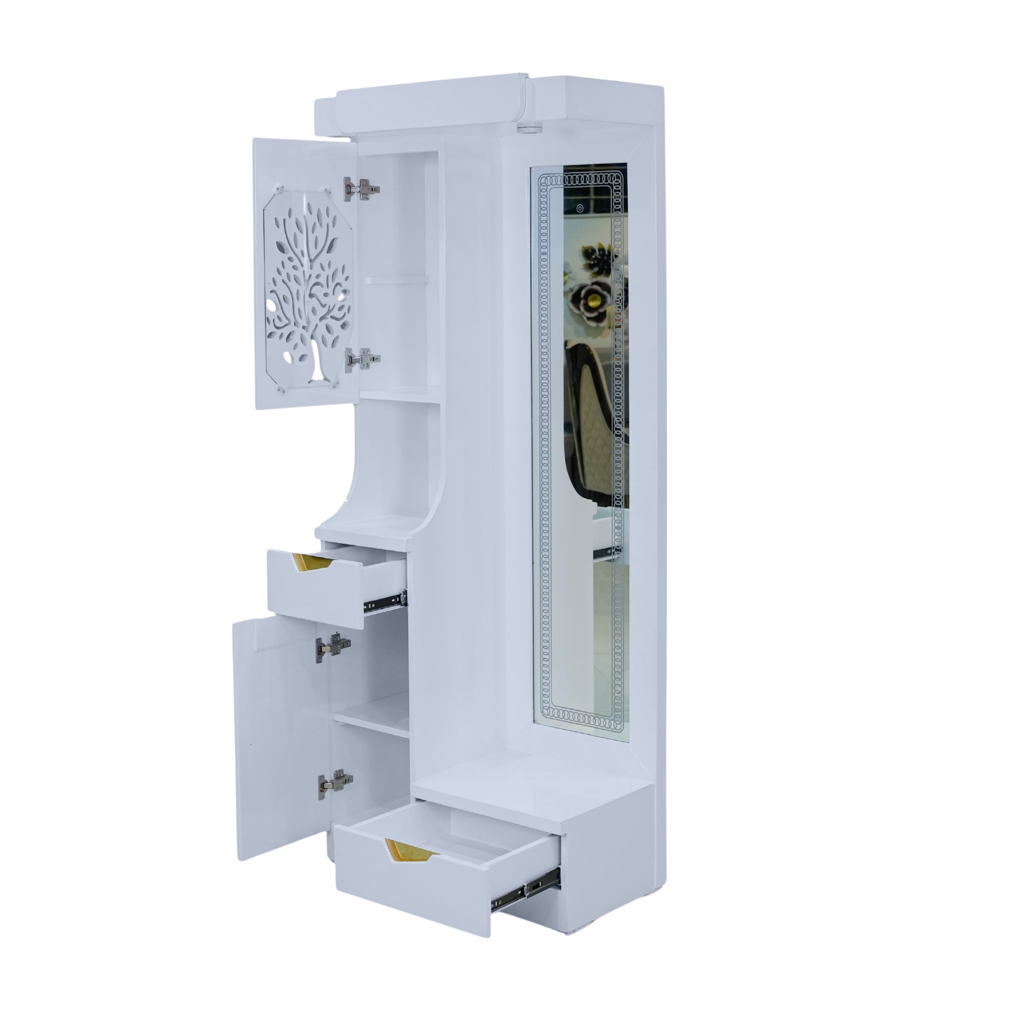 Floral Dressing Table  Glossy White Dressing Unit with Mirror & Storage