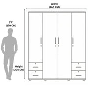 Measurement chart of a wardrobe with dimensions and a silhouette of a person for scale.