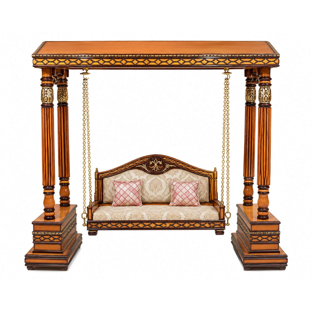 Antique wooden swing with beige cushions | qivly:v1:h:c567a2c7ef1ecde379ceeef46a9ecacb