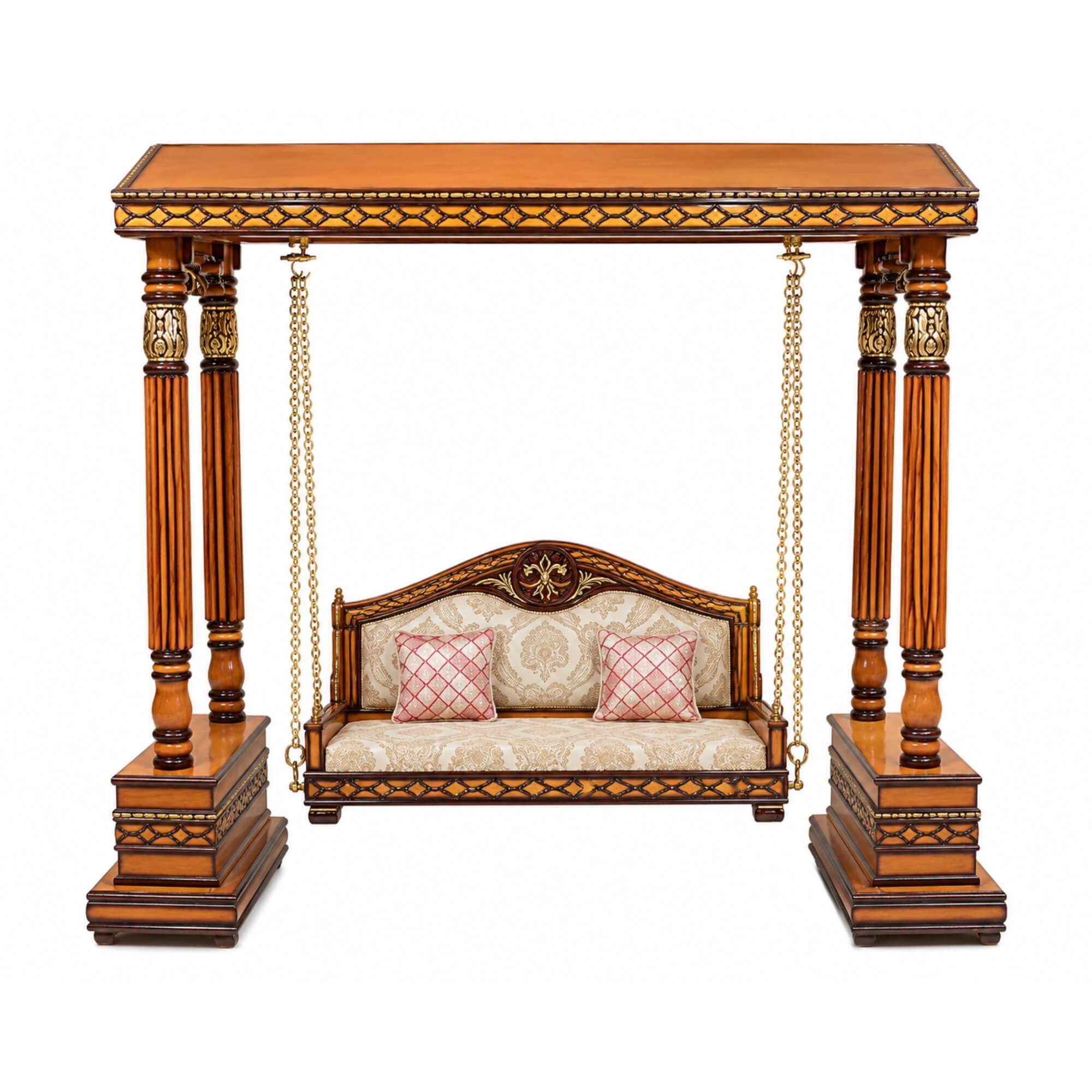 Antique wooden swing with beige cushions | qivly:v1:h:c567a2c7ef1ecde379ceeef46a9ecacb