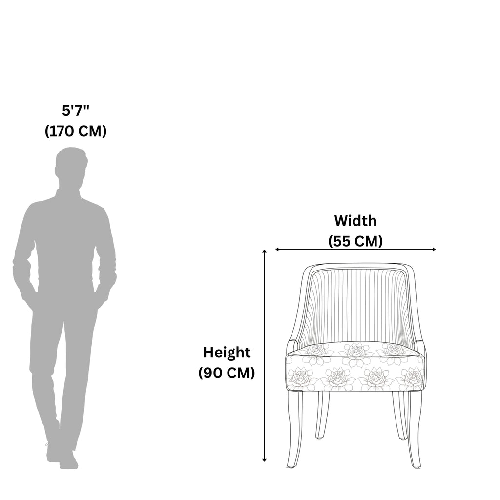 Measurement chart showing a chair's dimensions relative to a human figure on a white background.