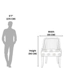Measurement chart showing a chair's dimensions relative to a human figure on a white background.