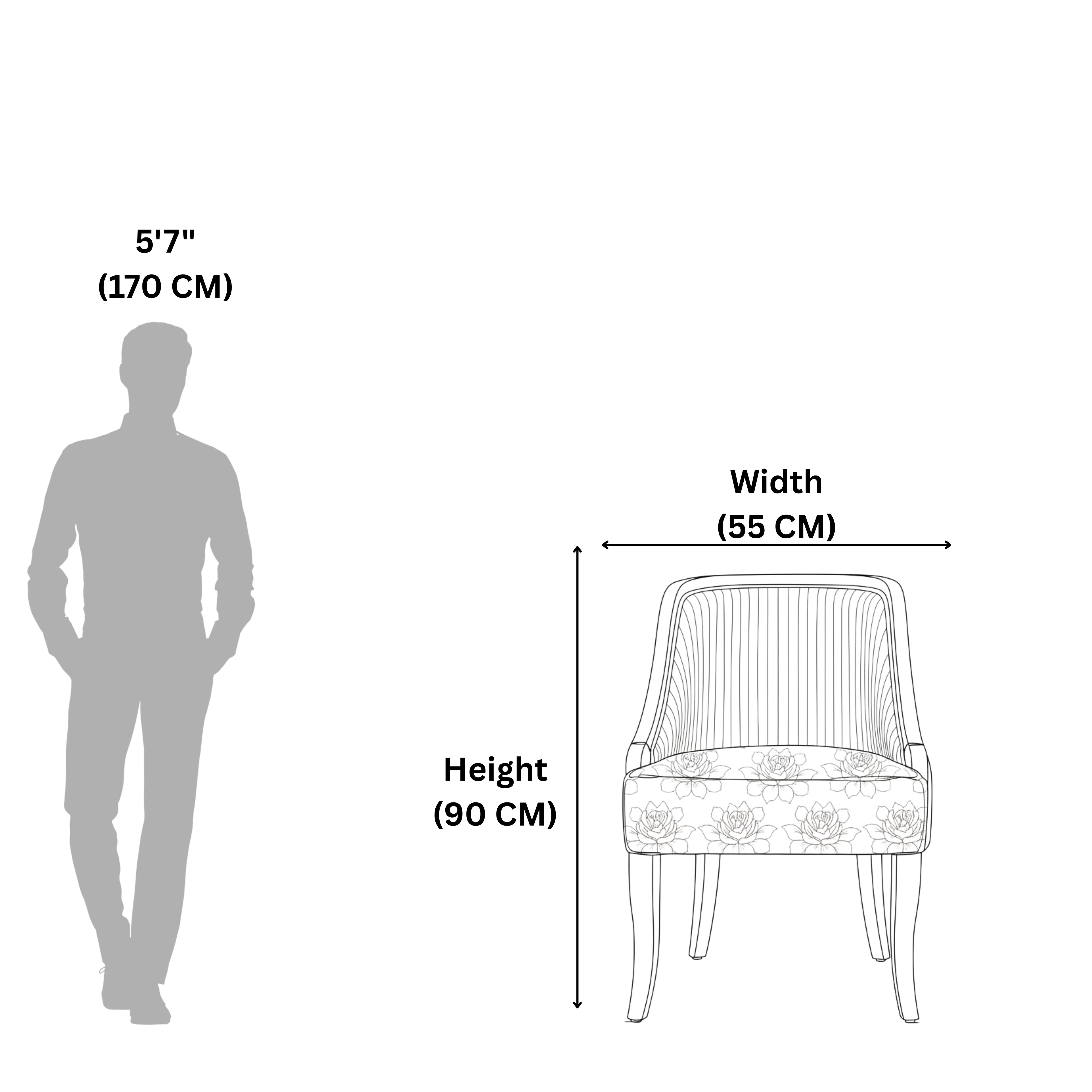 Measurement chart showing a chair's dimensions relative to a human figure on a white background.