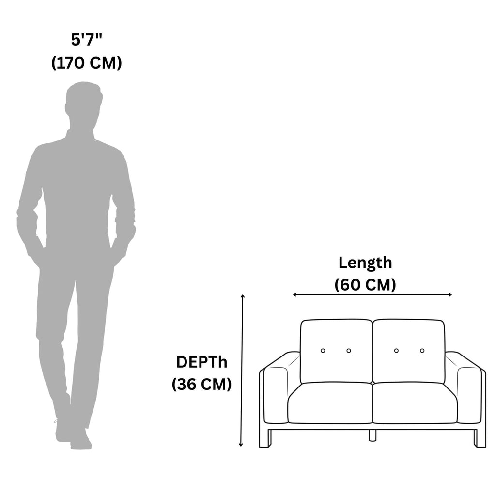 Sofa dimensions shown with a standing person for scale on a white background