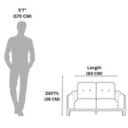 Sofa dimensions shown with a standing person for scale on a white background