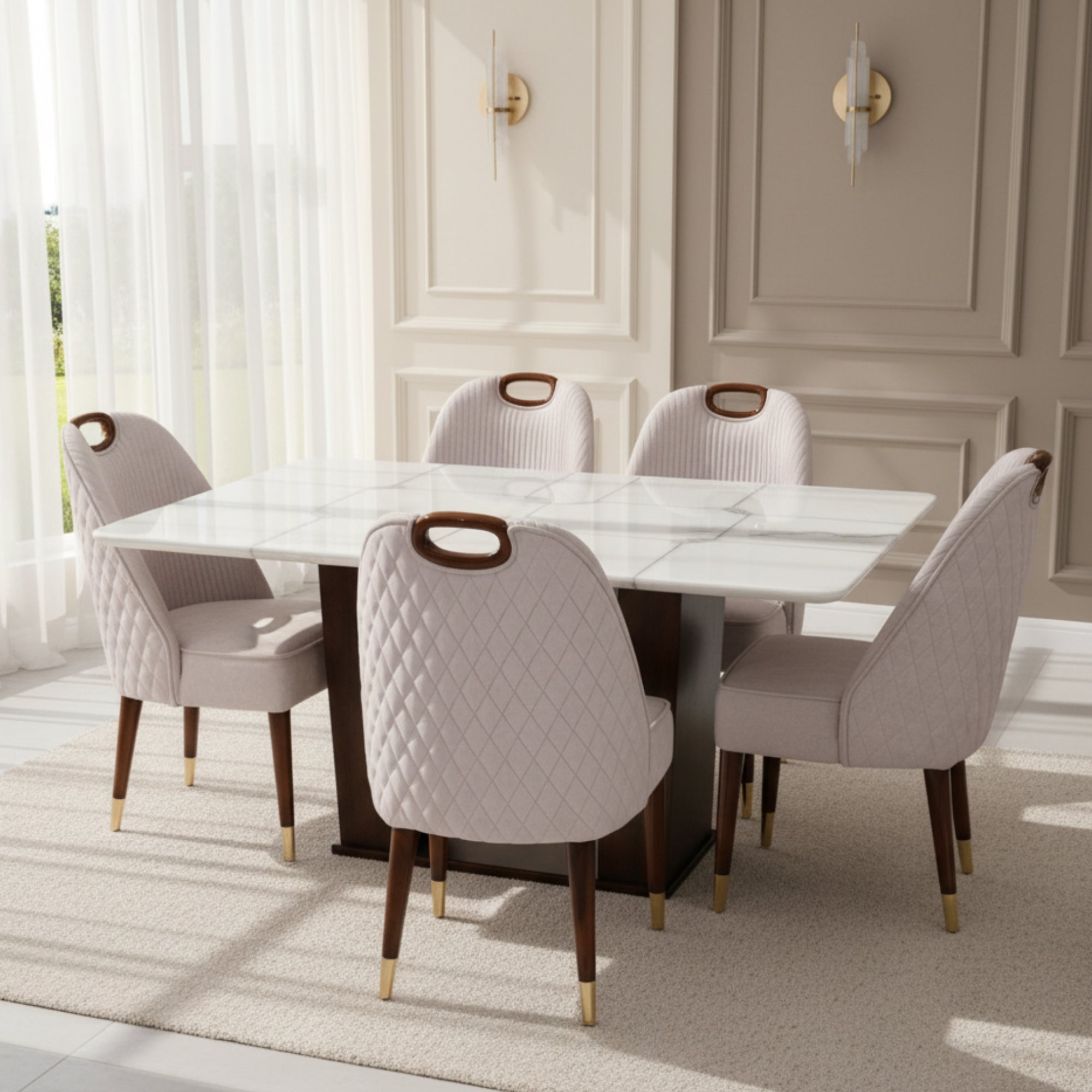 Marble 6-Seater Dining Table Set with Urban Chairs – Solid Wood & Marble