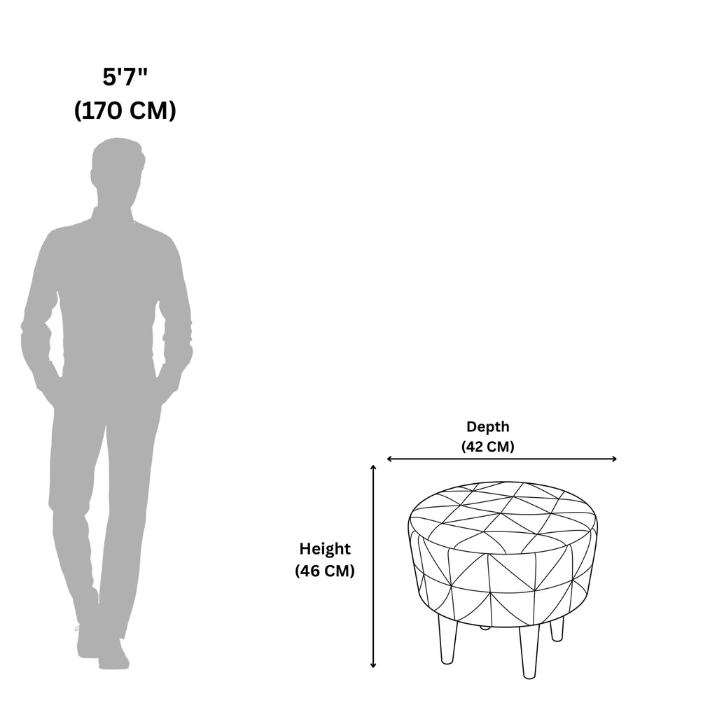 Measurement chart showing a person's height and a geometric stool with dimensions.