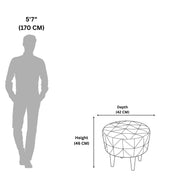 Measurement chart showing a person's height and a geometric stool with dimensions.