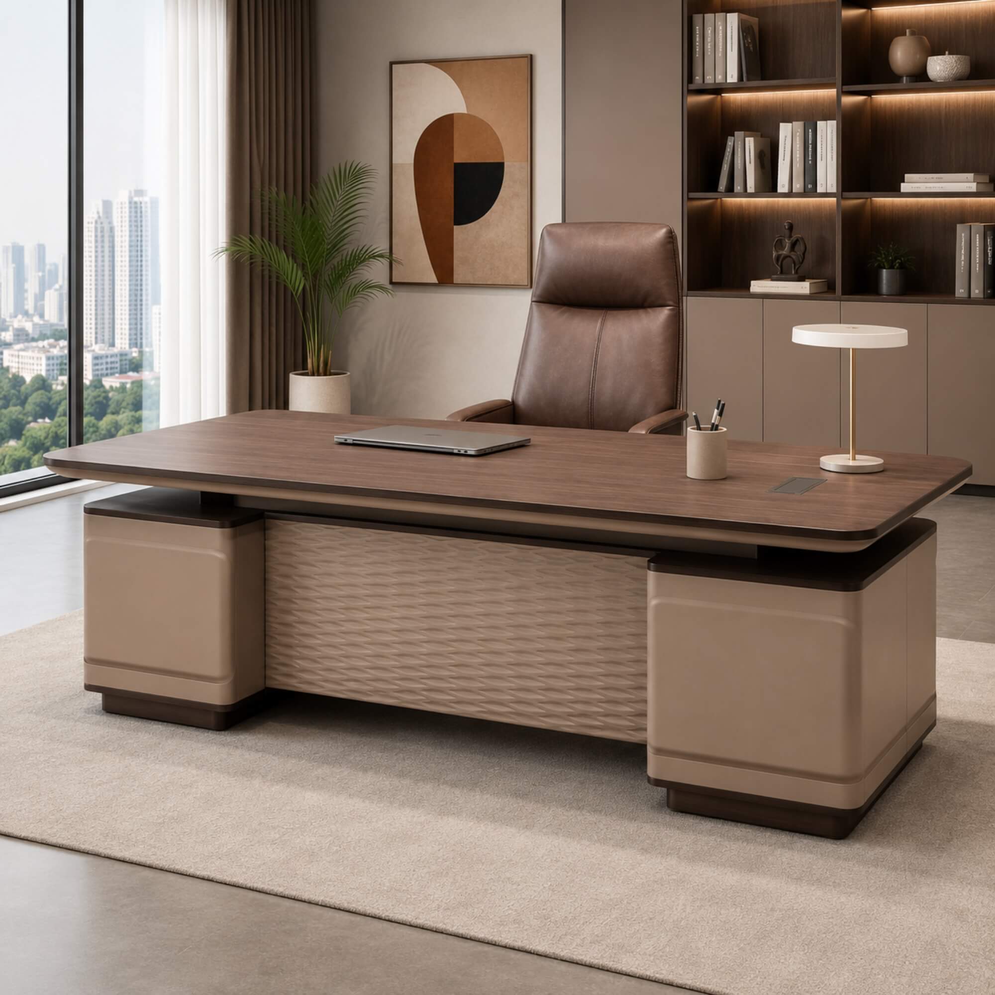 T885 Office Table 2.2 M- Executive Workstation with Textured Modesty Panel & Dual Storage Pedestals