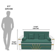 Green sofa with dimensions labeled on a white background
