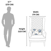 Measurement chart showing a person's silhouette and an armchair with a floral pillow, including dimensions.