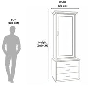 Measurement chart showing a wardrobe with dimensions relative to a human figure.