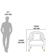 Measurement chart showing a chair's dimensions relative to a human figure on a white background.