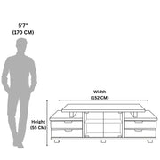Measurement chart showing a table's dimensions relative to a human figure for scale.