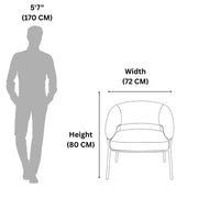 Measurement chart showing a person and chair with dimensions labeled.