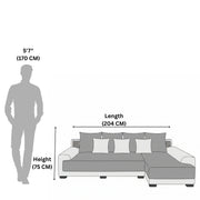 Diagram showing a sofa's dimensions with a person for scale on a white background