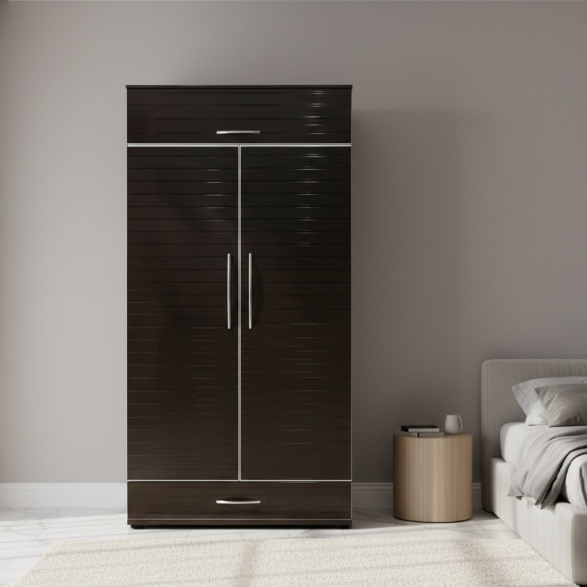 Ren 2 Door Wardrobe- Glossy Walnut Finish with Smart, Space-Saving Storage