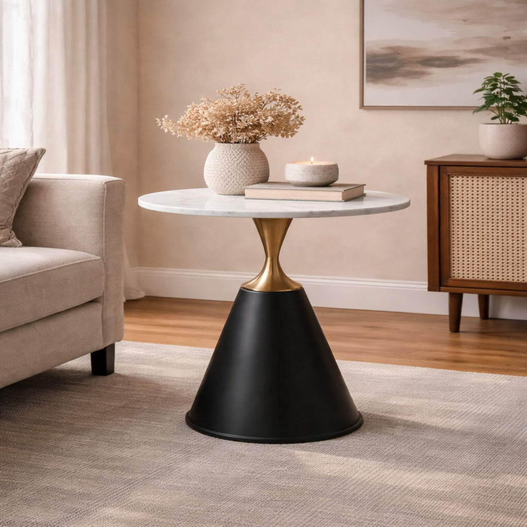 C815 End Table  Round Marble-Finish Side Table with Gold Accent