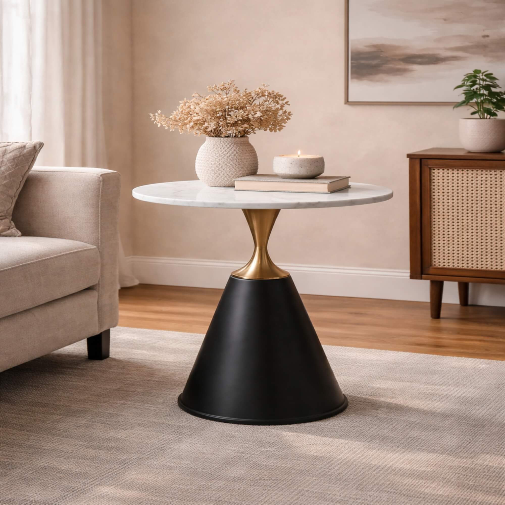 C815 End Table  Round Marble-Finish Side Table with Gold Accent