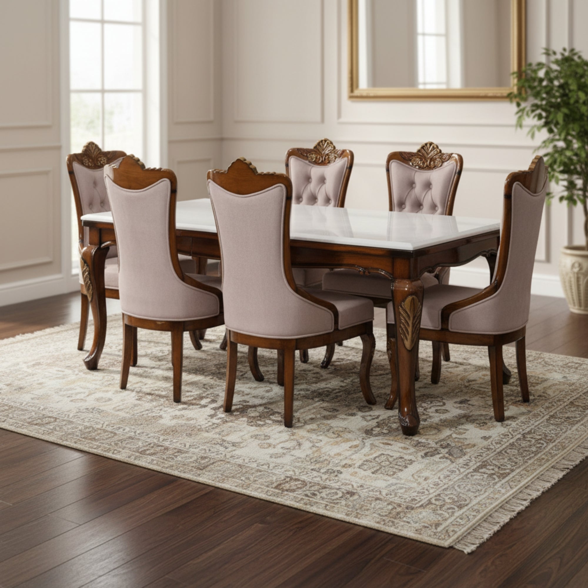 Ellipse Marble 6-Seater Dining Table Set – Solid Wood Table with Upholstered Chairs