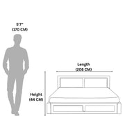 Bed dimensions shown with a human figure for scale on a white background