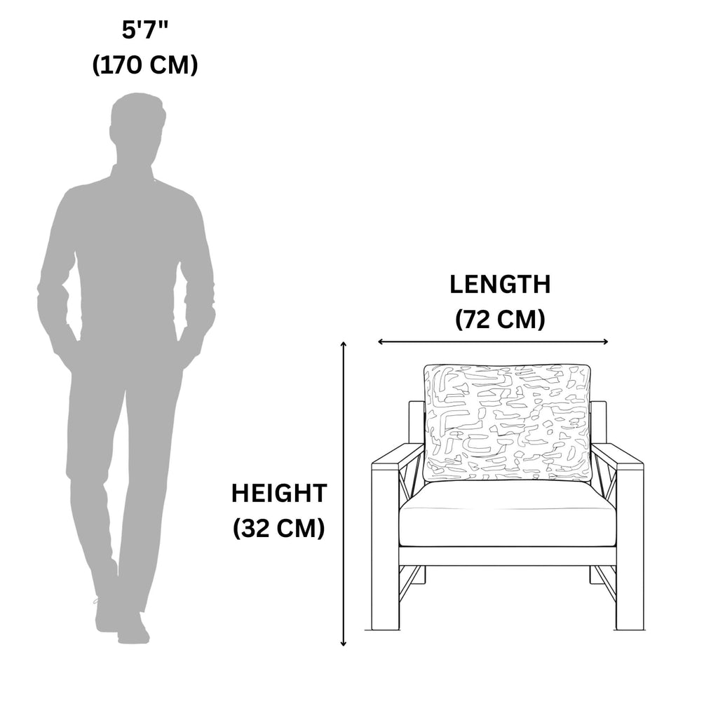 Measurement chart showing a person and chair with dimensions labeled.