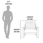 Measurement chart showing a person and chair with dimensions labeled.
