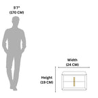 Measurement chart showing a person's height and a cabinet's dimensions on a white background.