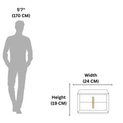 Measurement chart showing a person's height and a cabinet's dimensions on a white background.