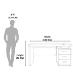 Measurement chart showing a desk's dimensions relative to a human figure.