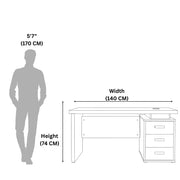 Measurement chart showing a desk's dimensions relative to a human figure.