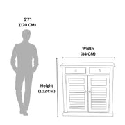 Measurement chart showing a cabinet's dimensions relative to a human figure on a white background.