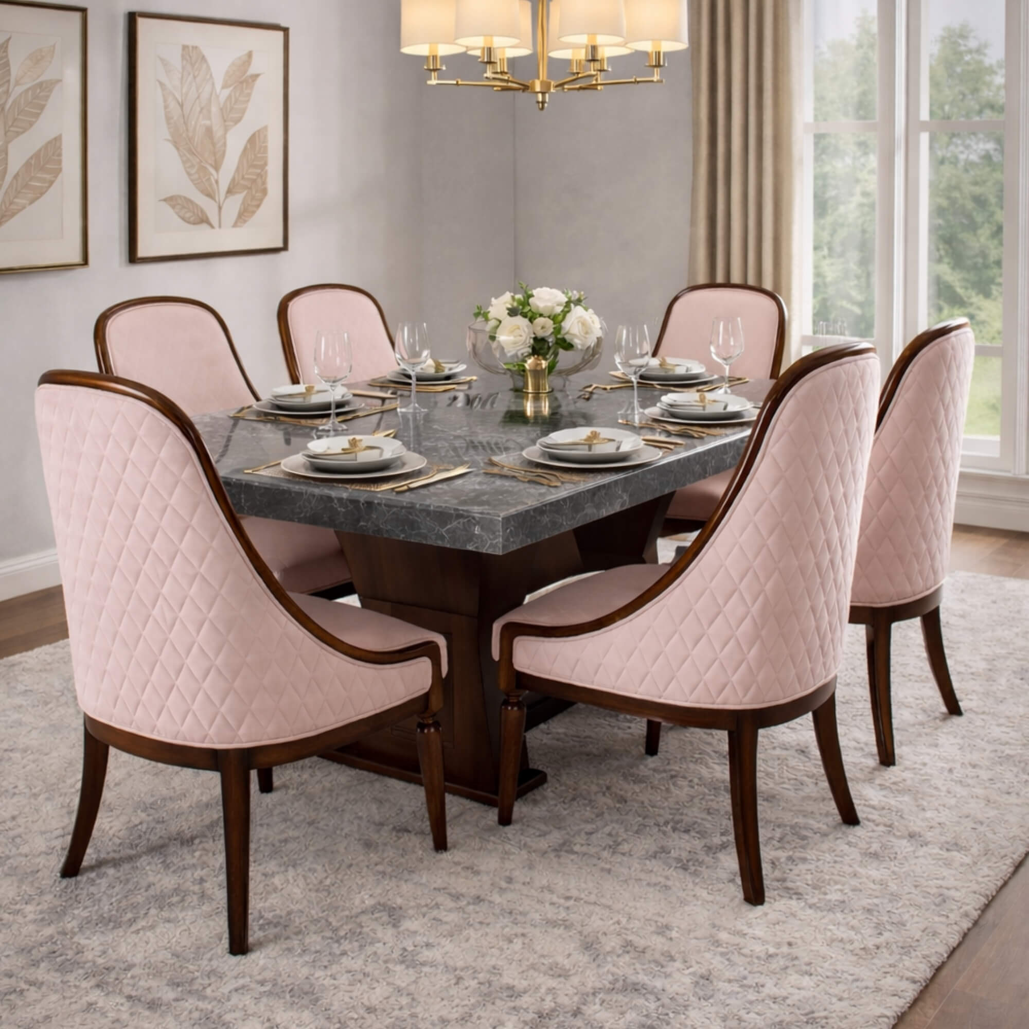 Seagull Marble 6-Seater Dining Table Set  Solid Wood Luxury Dining Furniture