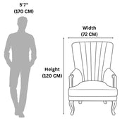 Measurement chart showing a person and an armchair with dimensions labeled.