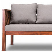 Sofa with wooden frame and gray cushions on a white background