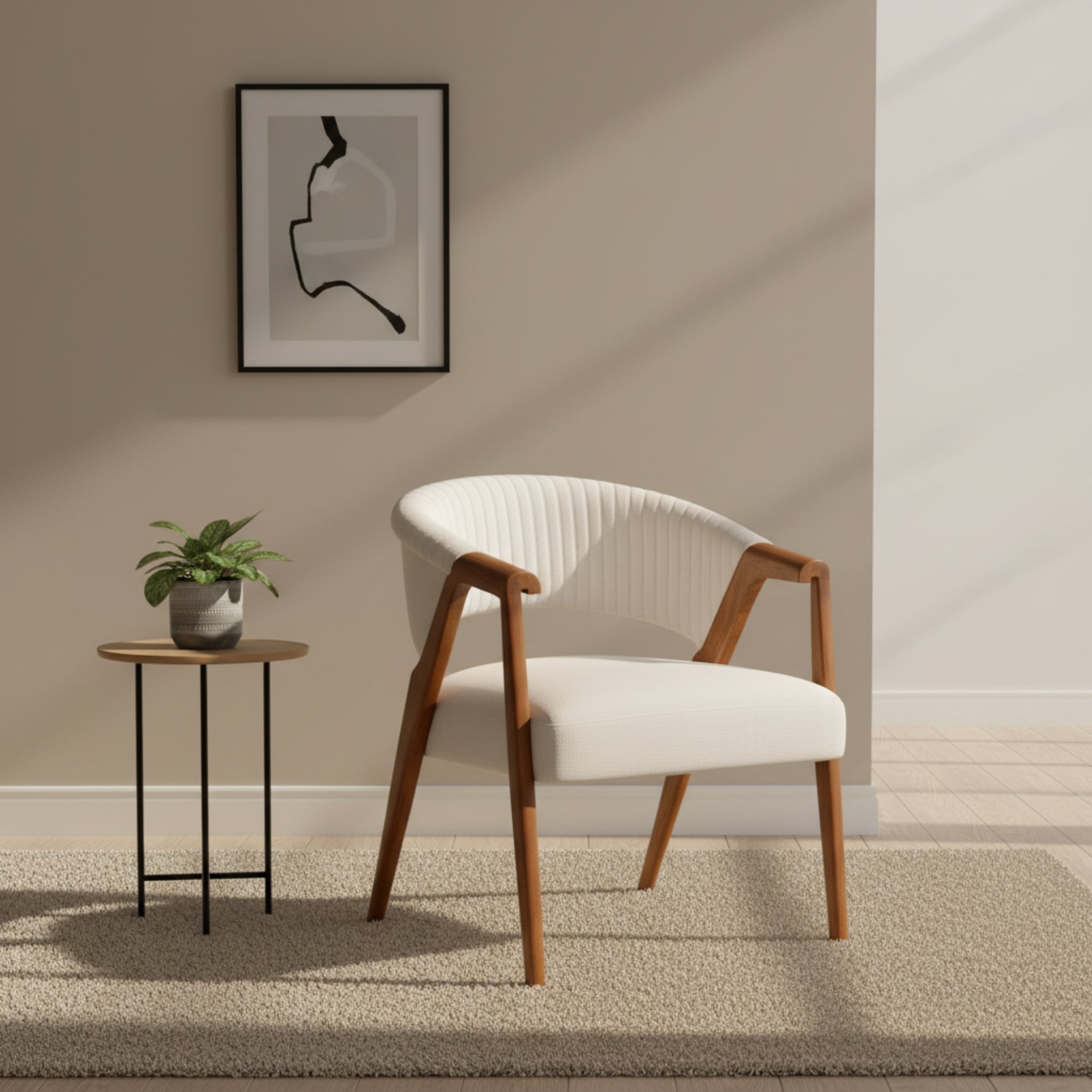 Conic Lobby Chair – Modern Beige Cotton Fabric Chair with Solid Wood Legs