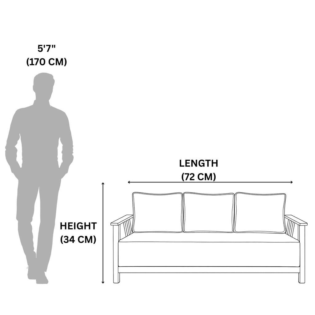 Measurement chart showing a person's silhouette and a sofa with dimensions labeled.