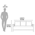 Measurement chart showing a person's silhouette and a sofa with dimensions labeled.