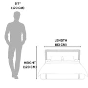 Measurement chart showing a person's height and a bed with dimensions labeled.