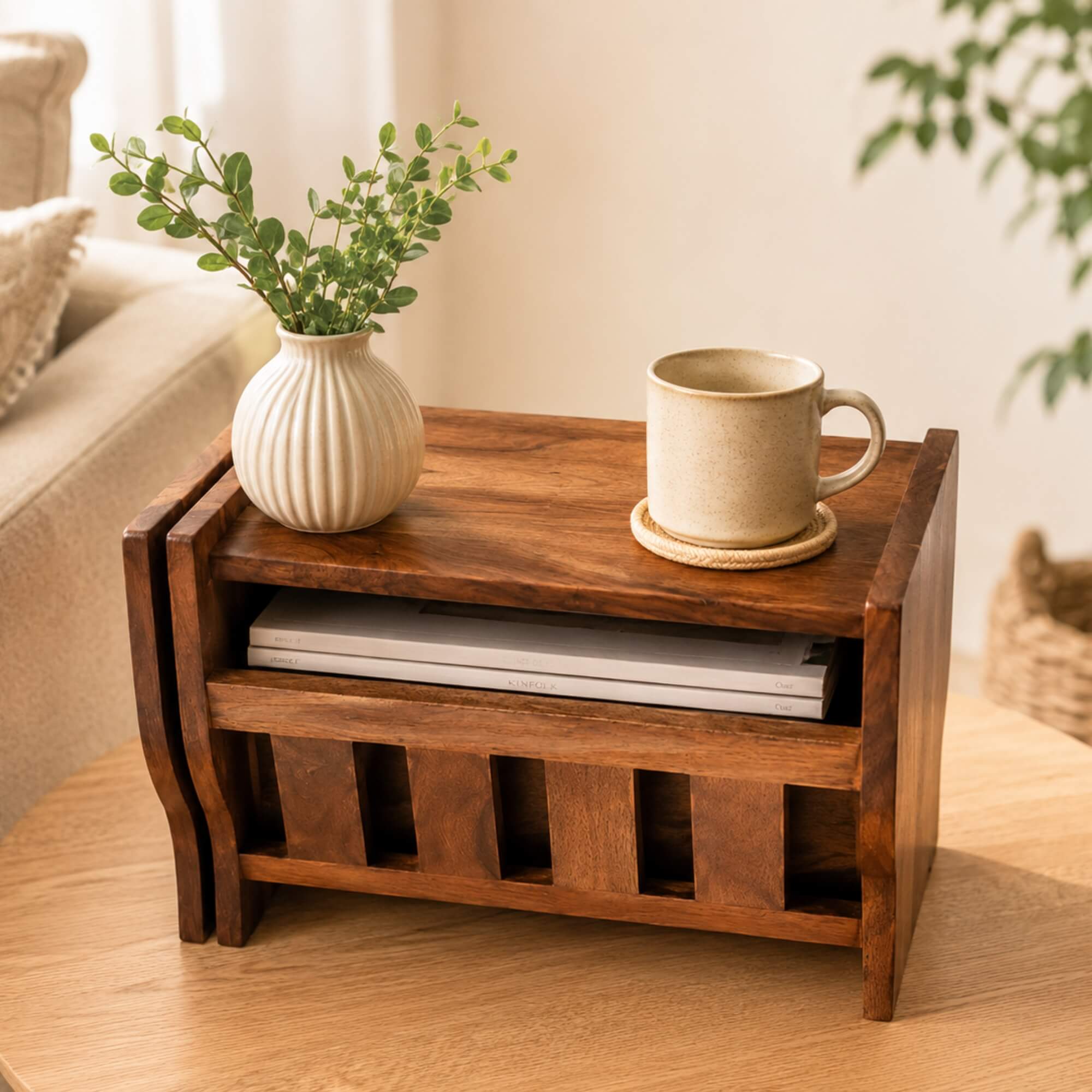 Rogar Magazine Rack- Wooden Slatted Organizer for Stylish and Accessib