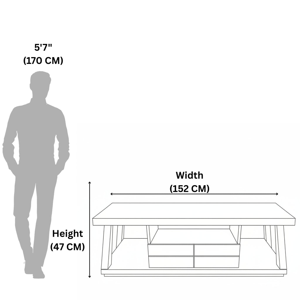 Measurement chart showing a table's dimensions relative to a standing person.