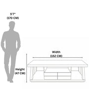 Measurement chart showing a table's dimensions relative to a standing person.