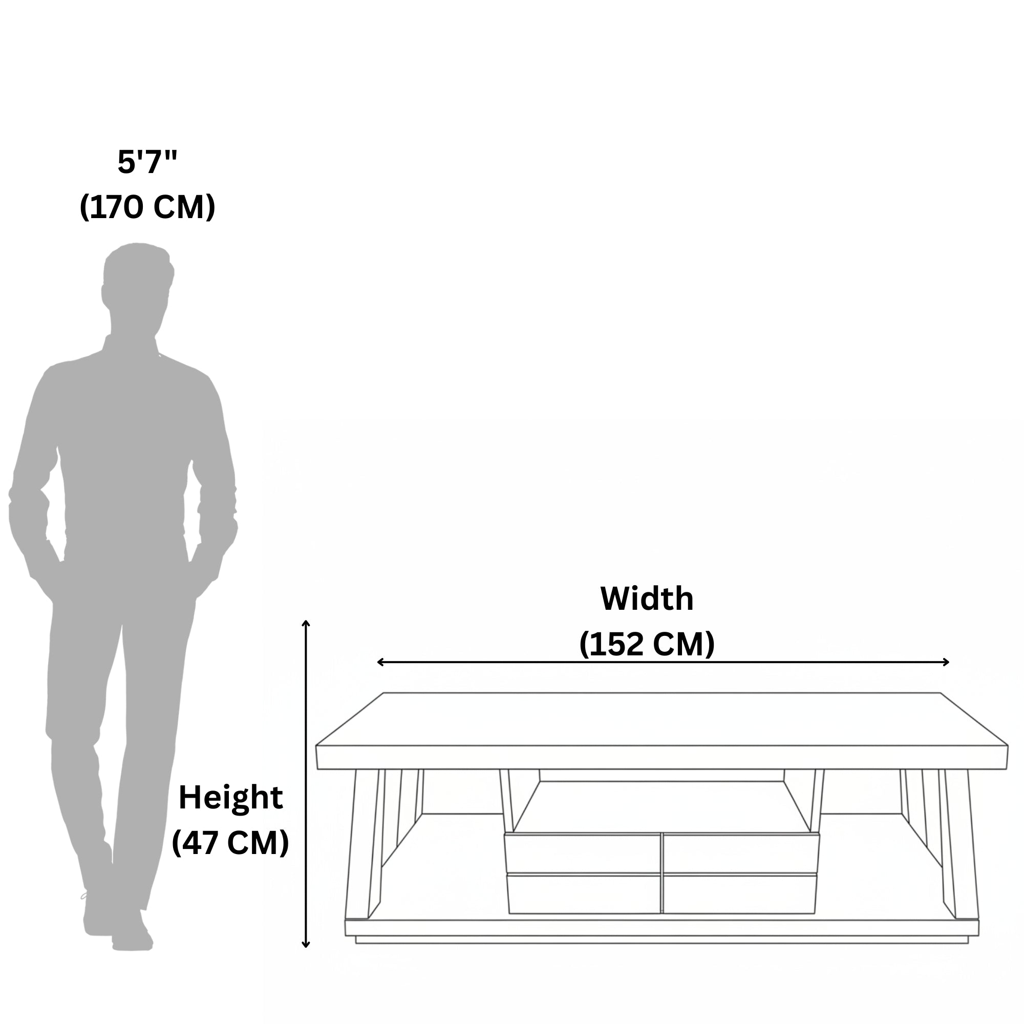 Measurement chart showing a table's dimensions relative to a standing person.